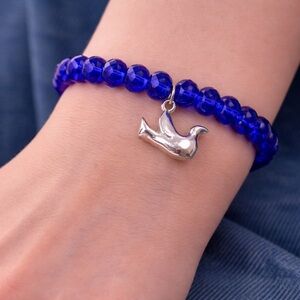 Dove Bird Charm Bracelet Blue Glass Bead Stretch Peace Love Hope Symbol Artisan